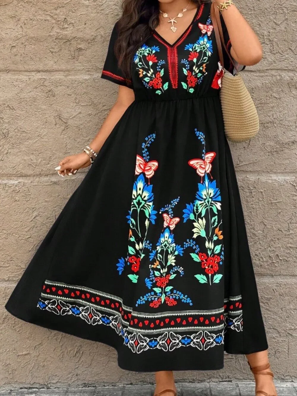 Black Boho Women's Plus Size Casual Vacation Placement Print Dress